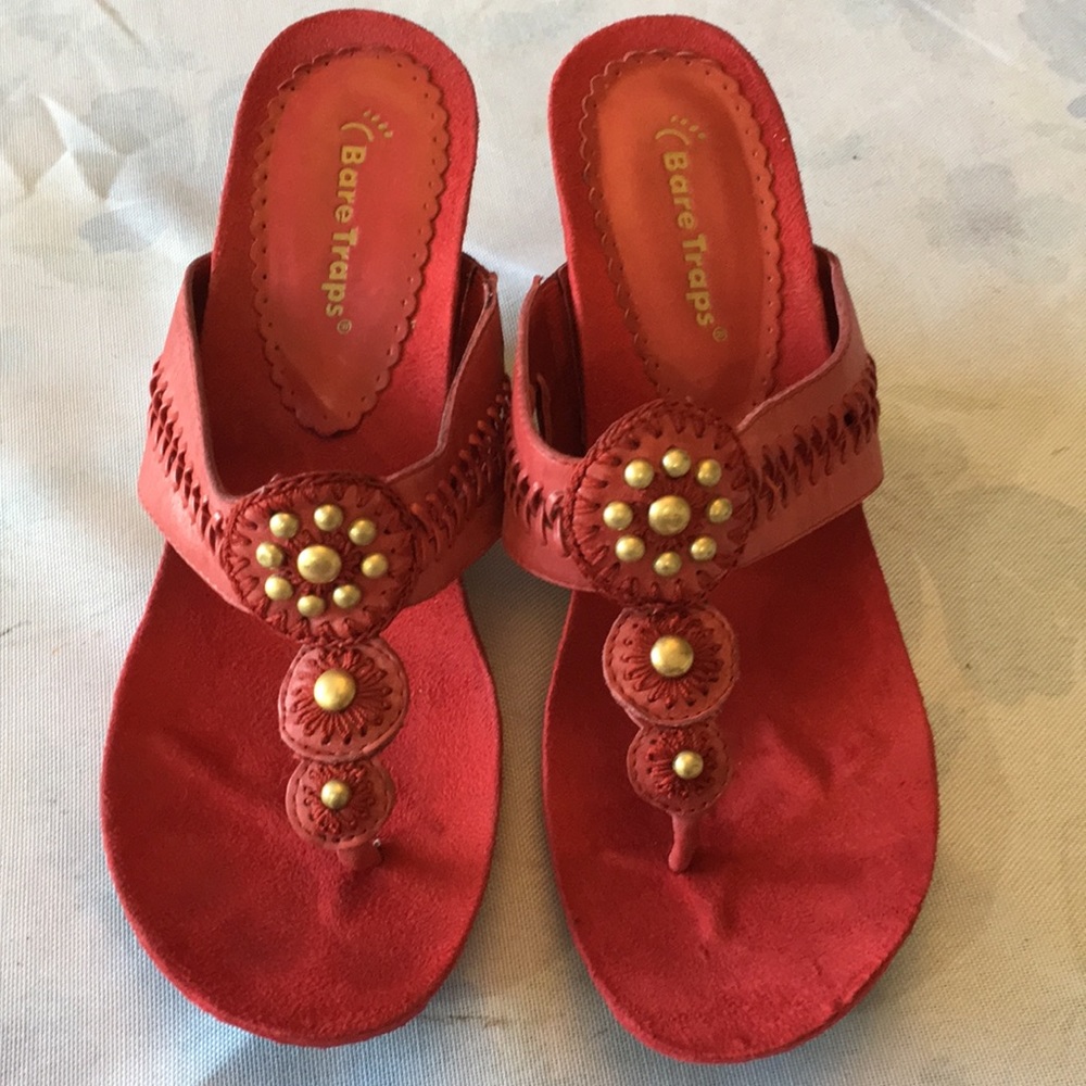 BareTraps Red Beaded Leather Thong Sandals